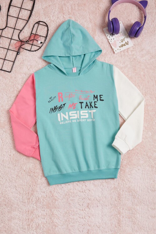 Mint Yazı Baskı Renkli Kollu Kapüşonlu Kız Çocuk Sweatshirt 16300