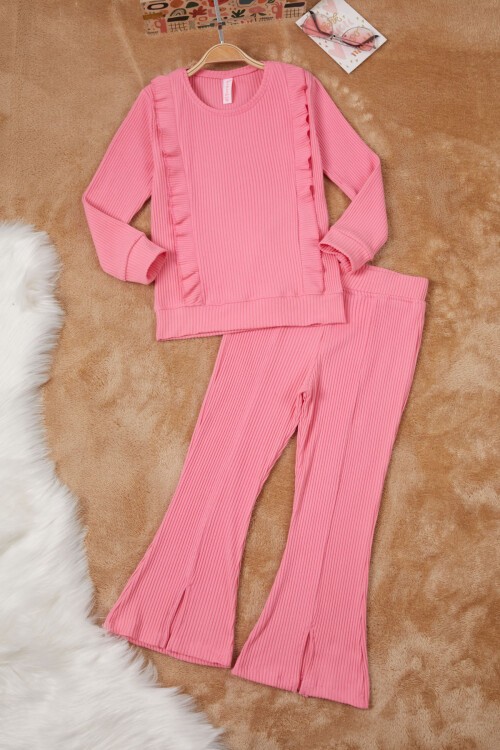 Pembe Yırtmaçlı Önü Fırfırlı Kız Çocuk Takım 17086