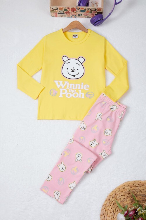 Sarı Ayıcık Baskılı Yazılı Kız Çocuk Pijama Takımı 16926