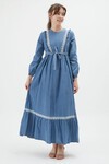 Açık Mavi Dantel Detaylı Kuşaklı Kız Çocuk Kot Elbise 15215