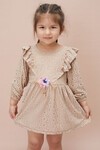 Krem Kol Fırfırlı Dantel İşlemeli Kız Çocuk Elbise 15056