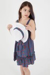 Lacivert Kiraz Desenli Askılı Fötr Şapkalı Kız Elbise 15062