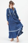 Mavi Dantel Detaylı Kuşaklı Kız Çocuk Kot Elbise 15214