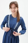 Mavi Dantel Detaylı Kuşaklı Kız Çocuk Kot Elbise 15214